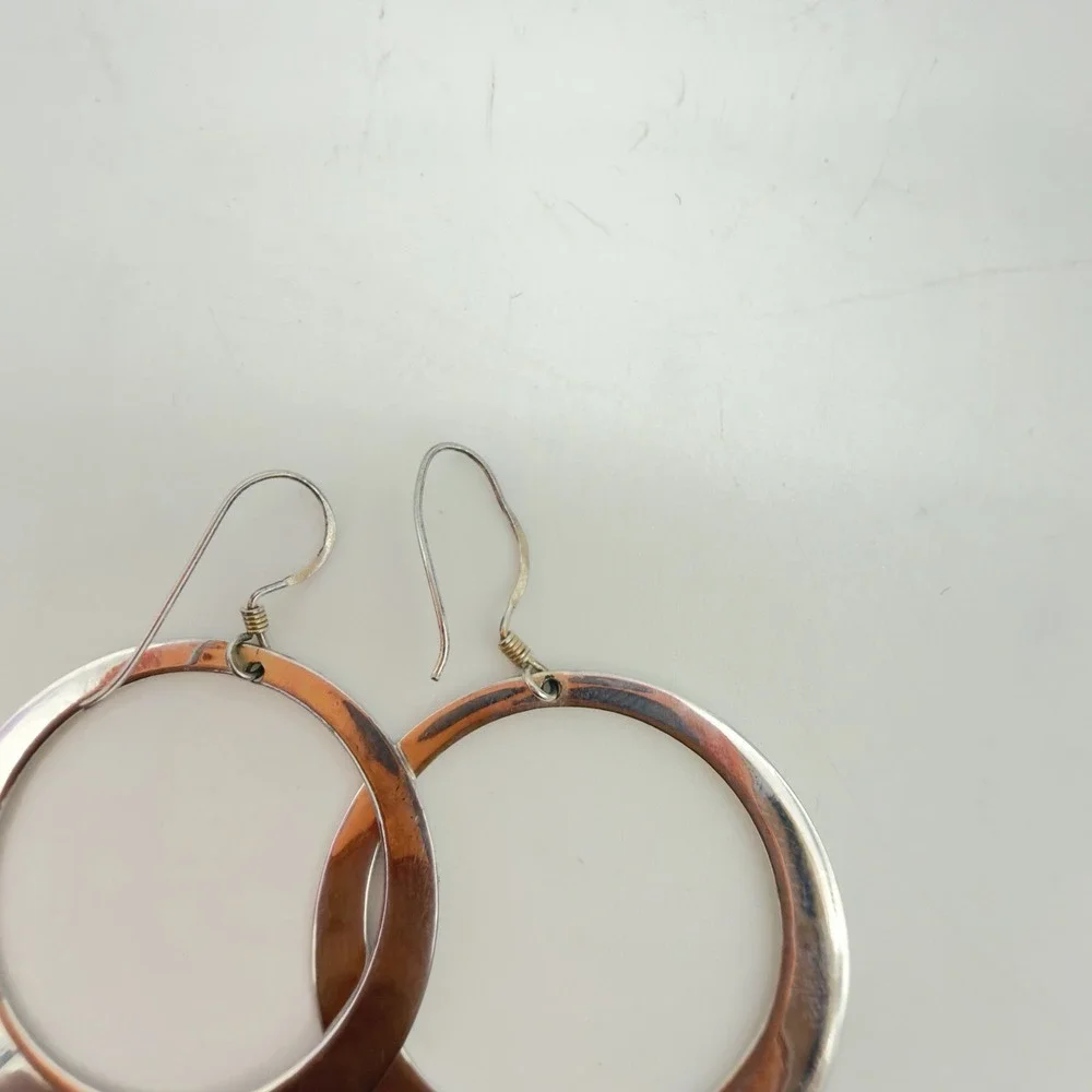 Vintage Sterling Silver Dangle Drop Hoop Earrings Hand Crafted 925 Modernist